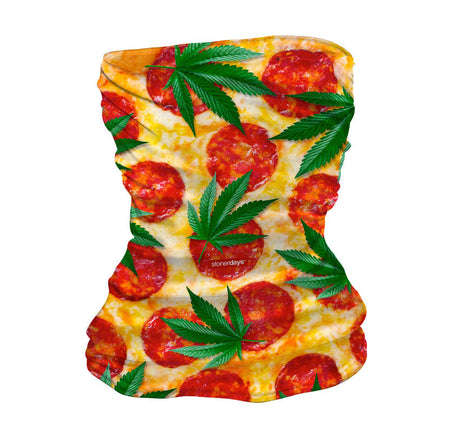 StonerDays Neck Gaiter featuring Pizza and Kush Leaf pattern, made of polyester, versatile headwear