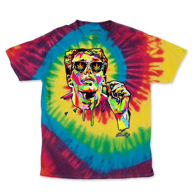 StonerDays Pop Art Brian Rainbow Tie Dye Tee, vibrant front view on white background