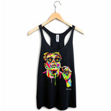 StonerDays Pop Art Brian Women's Racerback Tank Top in Black, sizes S-XXL, on hanger