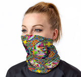 Woman wearing StonerDays Pop Art Einstein Face Covering in vibrant colors, front view
