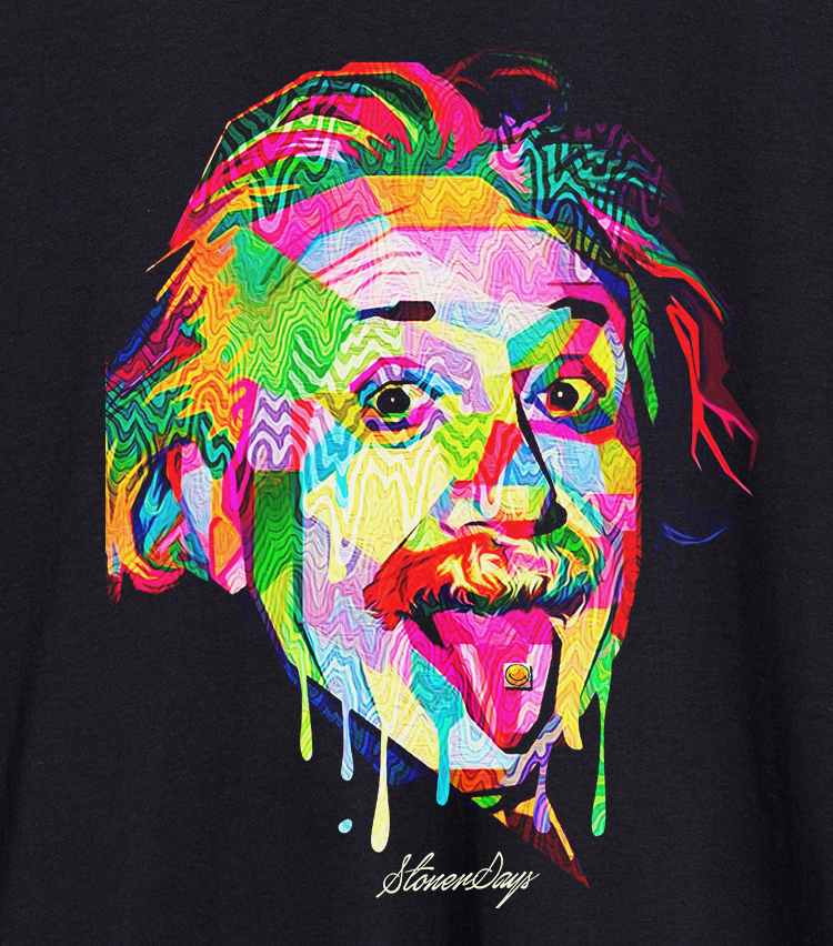 StonerDays Pop Art Einstein design on white cotton tee, vibrant colors, close-up view