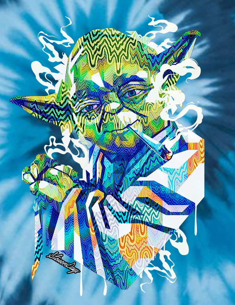 StonerDays blue tie-dye tee with pop art Jedi Master design, front view on white background