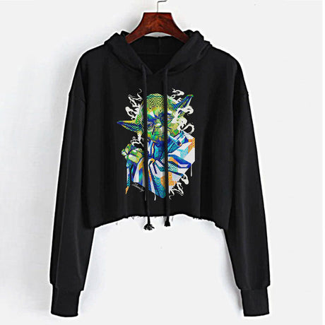 StonerDays Pop Art Jedi Master Crop Top Hoodie in black with vibrant print, available in S to XL