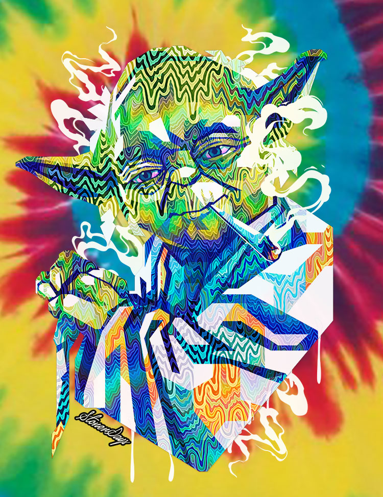 StonerDays Pop Art Jedi Master graphic tee with vibrant rainbow tie-dye background