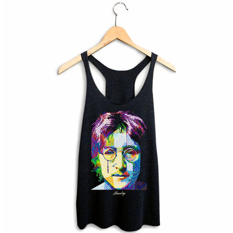 StonerDays Pop Art John Racerback tank top, vibrant print, soft cotton blend, front view on hanger