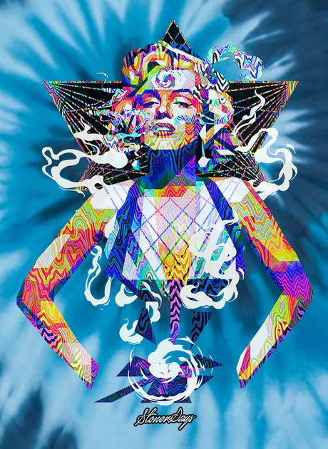 StonerDays Pop Art Marilyn Tee in Blue Tie Dye, Front View on White Background