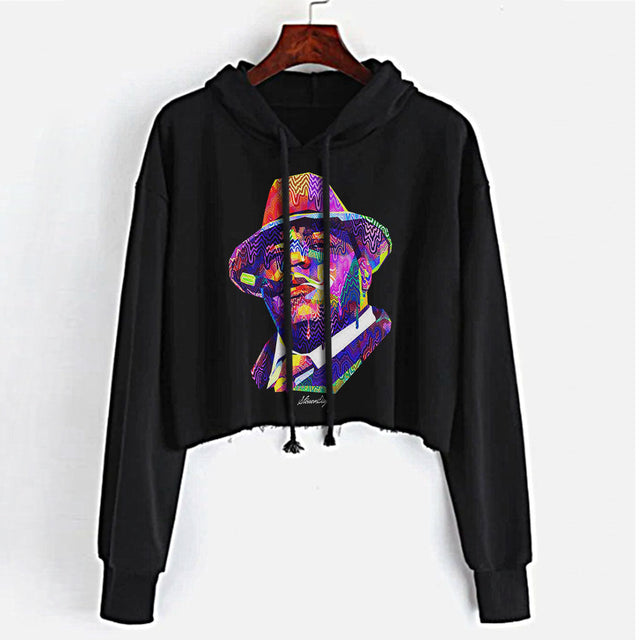 StonerDays Pop Art Notorious Crop Top Hoodie, black with vibrant print, front view