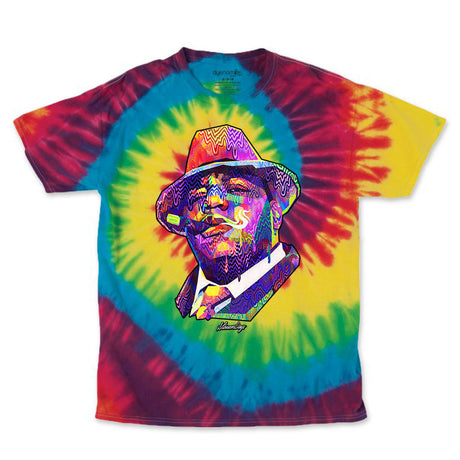 StonerDays Pop Art Notorious Tee with vibrant rainbow tie-dye design, front view, available in multiple sizes