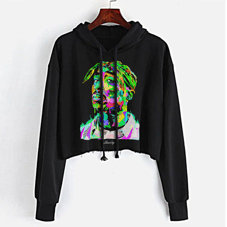 StonerDays Pop Art Pac Crop Top Hoodie in black with vibrant front print, available in S to XL