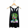 StonerDays Pop Art Pac Women's Racerback Tank Top in Black, Sizes S-XXL, Front View on Hanger