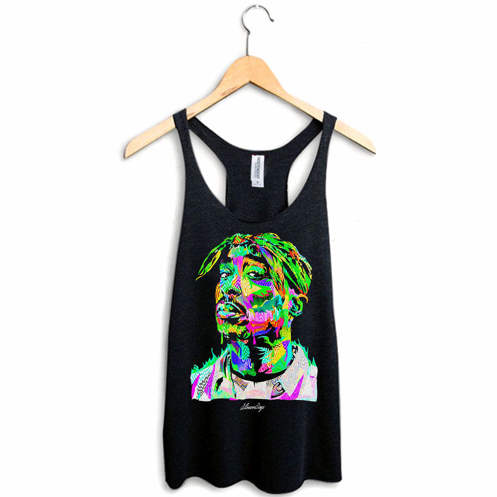 StonerDays Pop Art Pac Women's Racerback Tank Top in Black, Sizes S-XXL, Front View on Hanger