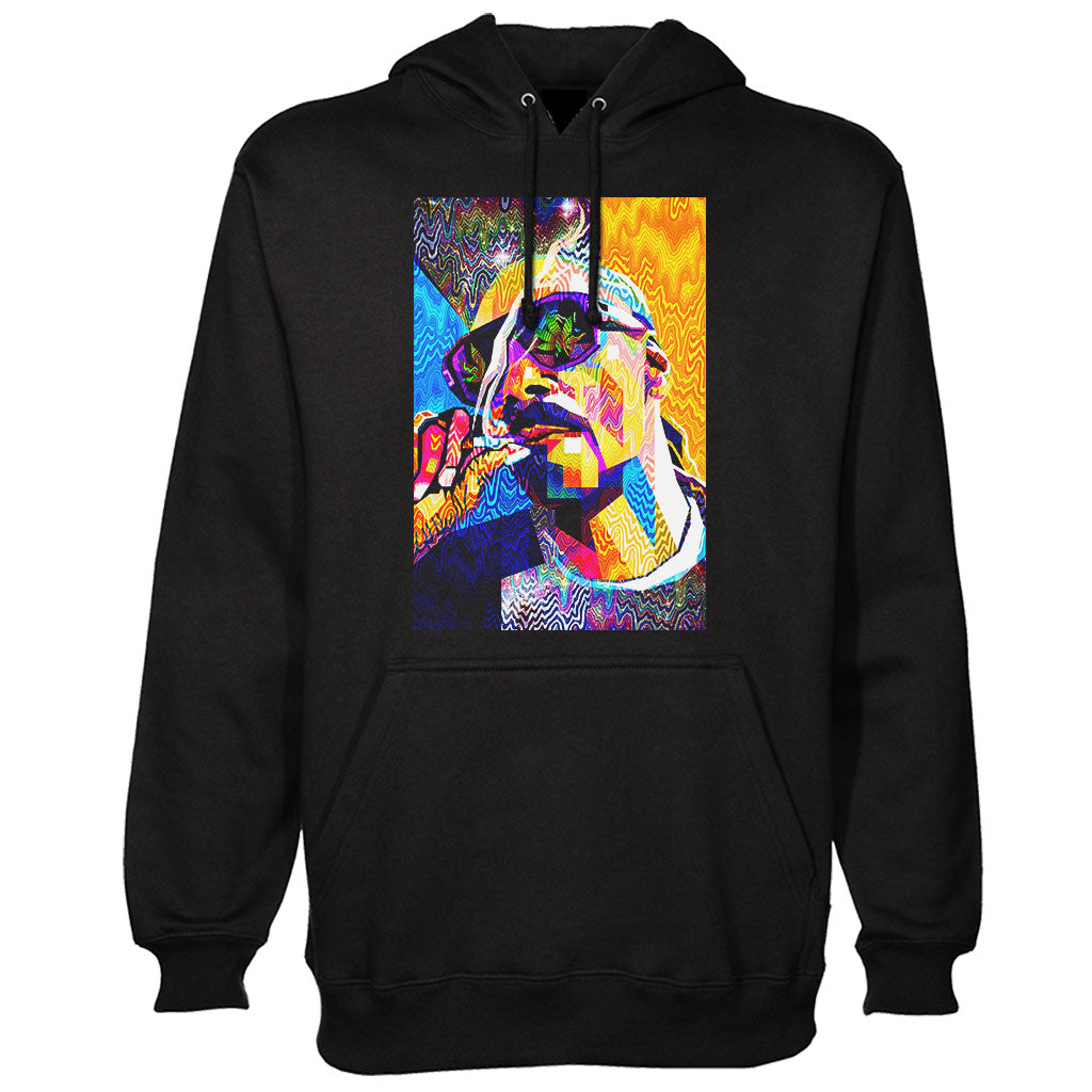 StonerDays Pop Art Snoop Hoodie in black, front view, available in multiple sizes