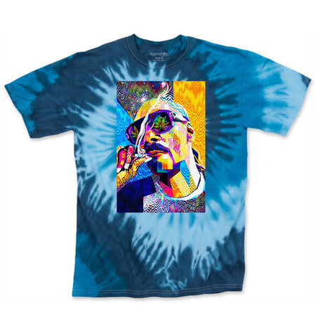 StonerDays Pop Art Snoop Tie Dye T-Shirt in blue, featuring vibrant pop art print, front view on white background.
