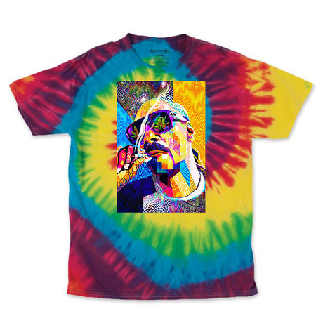 StonerDays Pop Art Snoop Tie Dye T-shirt with vibrant rainbow colors, front view on white background
