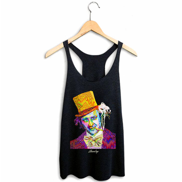 StonerDays Pop Art Willy Racerback tank top, vibrant print, sizes S to XXL, on hanger