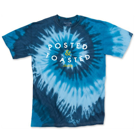 StonerDays Posted & Toasted t-shirt in blue tie-dye design, front view on white background