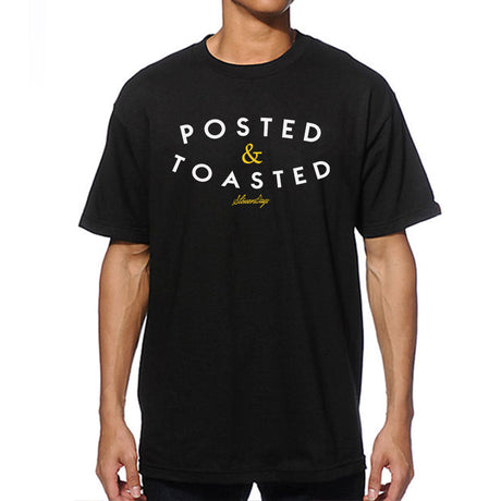 StonerDays black t-shirt with 'POSTED & TOASTED' text, front view on male model, size S-XXXL
