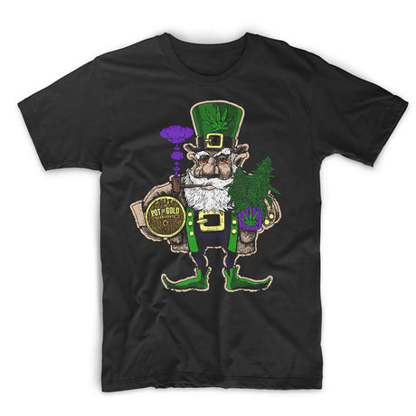 StonerDays Pot Of Gold men's black cotton t-shirt with green leprechaun print, front view