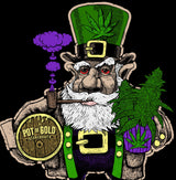 StonerDays Pot Of Gold T-Shirt featuring a leprechaun holding cannabis, on a black background