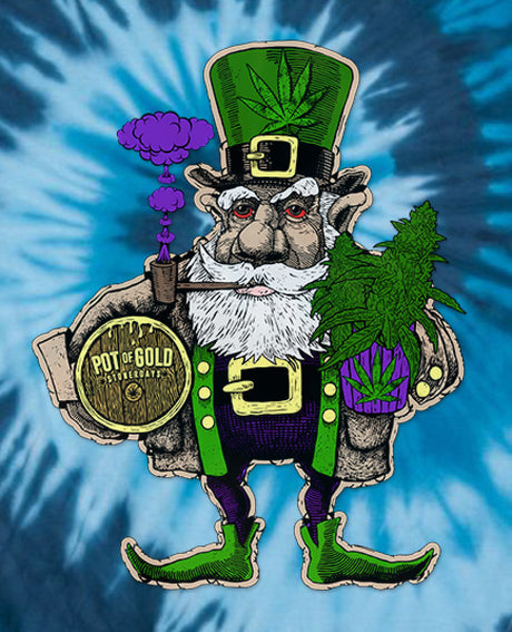 StonerDays Pot Of Gold Blue Tie Dye T-Shirt featuring a whimsical leprechaun graphic