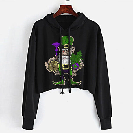 StonerDays Pot Of Gold Crop Top Hoodie in black with green pot leaf design, front view on hanger