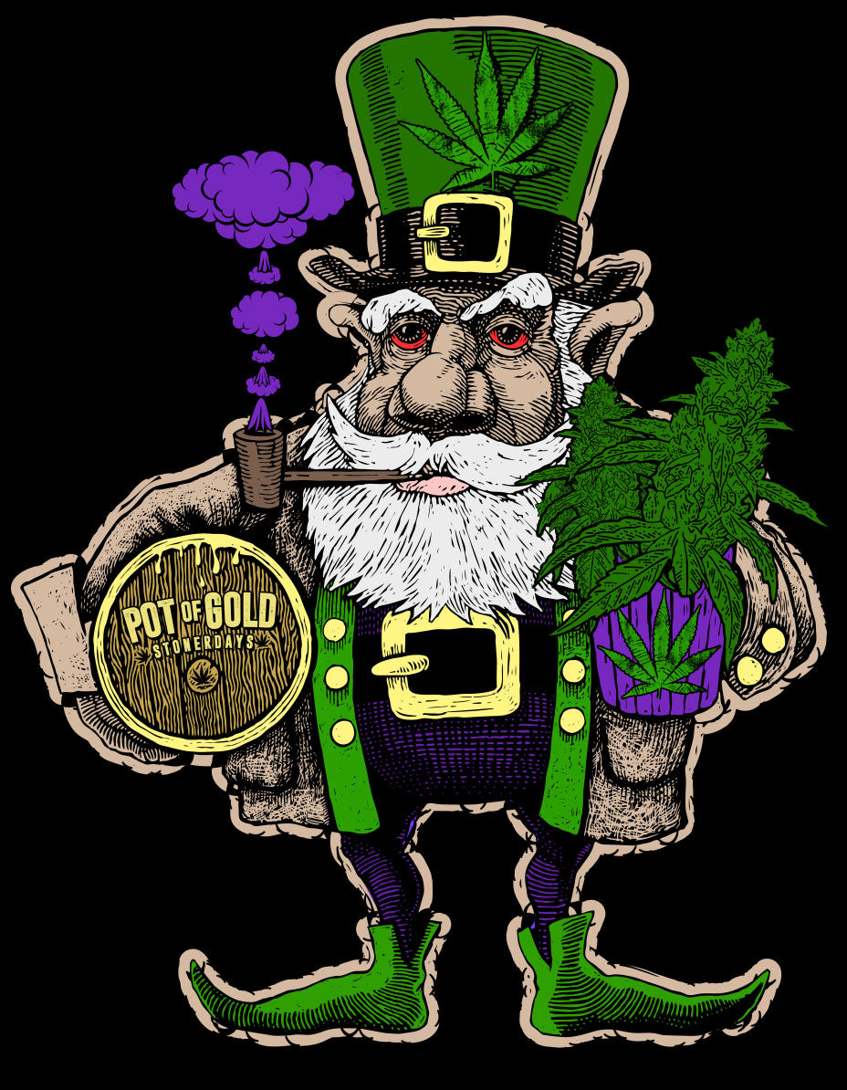 StonerDays Pot Of Gold Hoodie design featuring a leprechaun with cannabis motifs