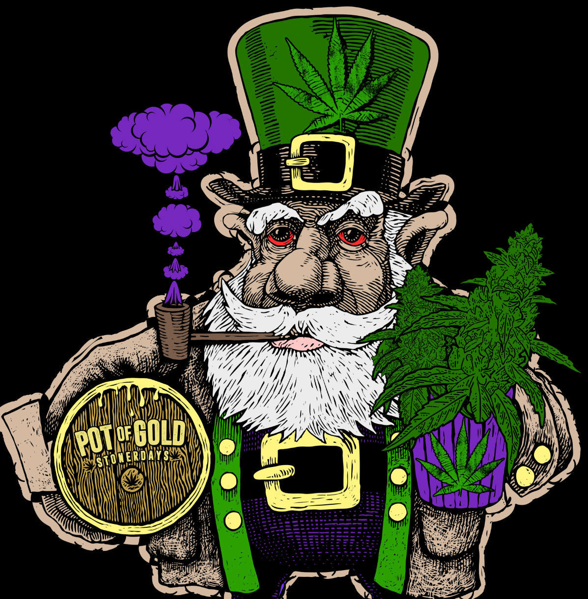 StonerDays Pot Of Gold Hoodie graphic with leprechaun holding cannabis, front view on black