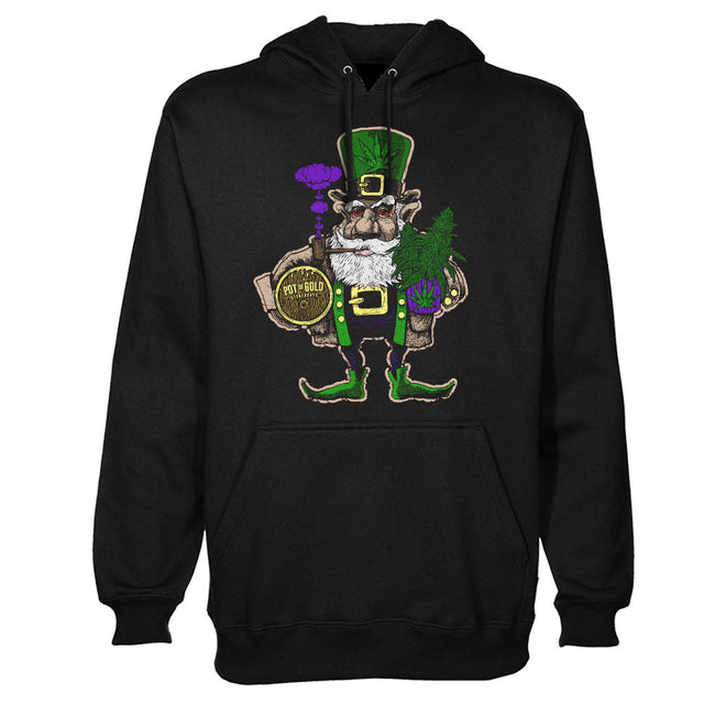 StonerDays Pot Of Gold Hoodie in black with green leprechaun print, available in S to 3XL