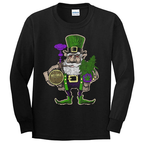 StonerDays Pot Of Gold Long Sleeve in black, front view, with quirky leprechaun graphic