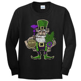 StonerDays Pot Of Gold Long Sleeve in black, front view, with quirky leprechaun graphic