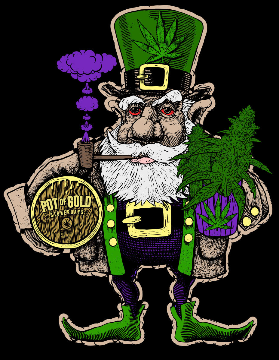 StonerDays Pot Of Gold Tank featuring a leprechaun graphic with cannabis motifs, front view on a black background.