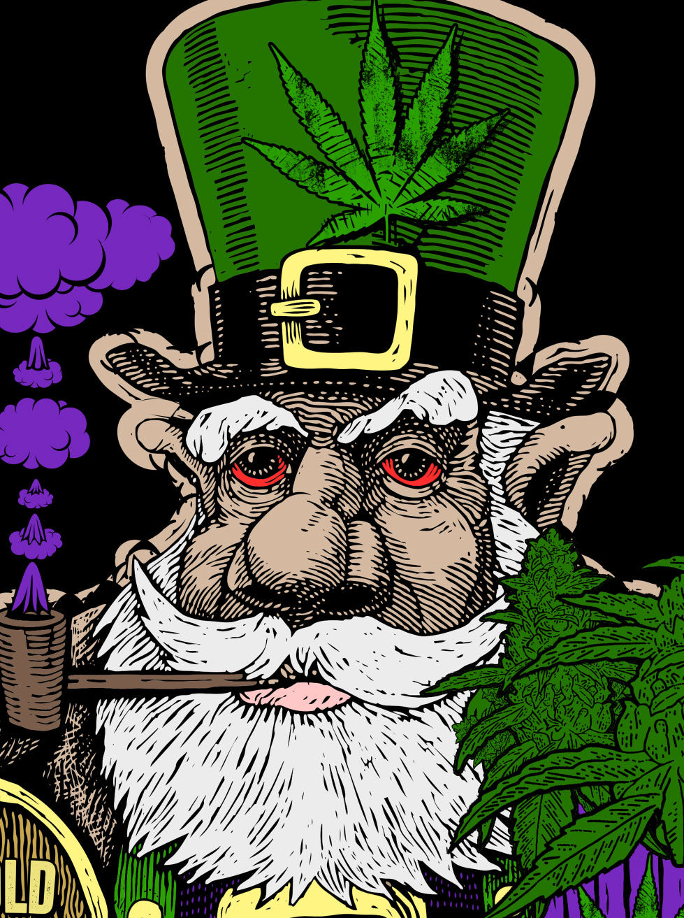 StonerDays Pot Of Gold Tank featuring a leprechaun with cannabis leaf hat, men's green cotton blend