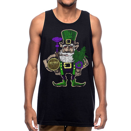 StonerDays Pot Of Gold Tank in black, featuring a leprechaun graphic, front view on male model
