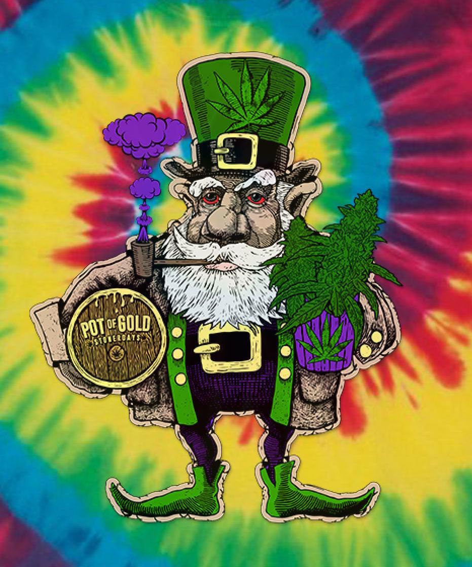 StonerDays Pot Of Gold Tie Dye T-Shirt with colorful background and whimsical leprechaun graphic
