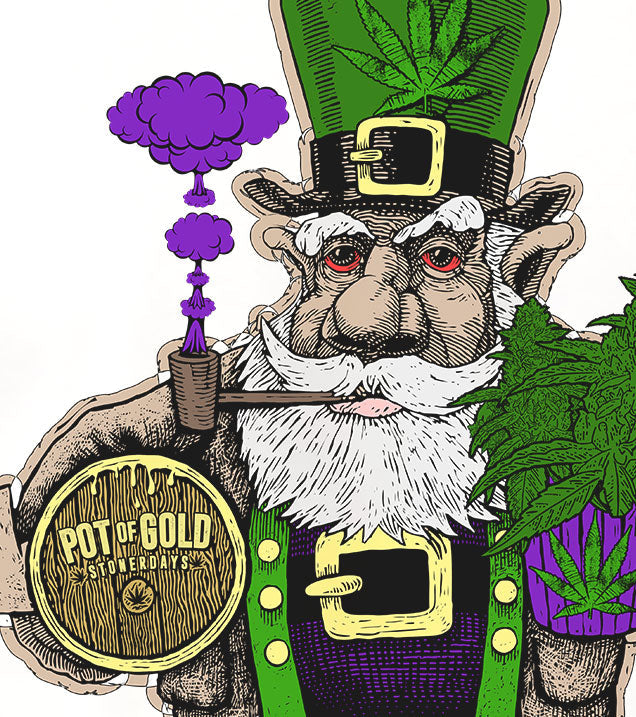 StonerDays Pot Of Gold White Tee with leprechaun graphic, perfect for concentrate enthusiasts