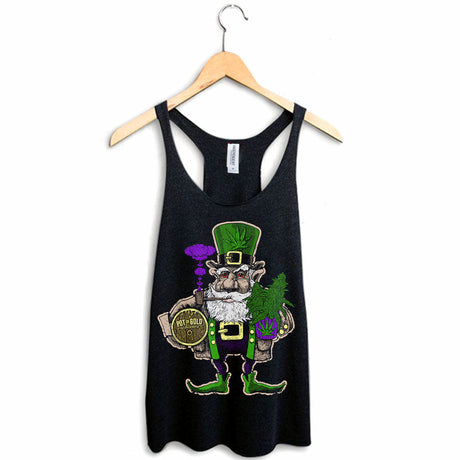 StonerDays Pot Of Gold Women's Racerback Tank Top in Green with Leprechaun Graphic, Front View