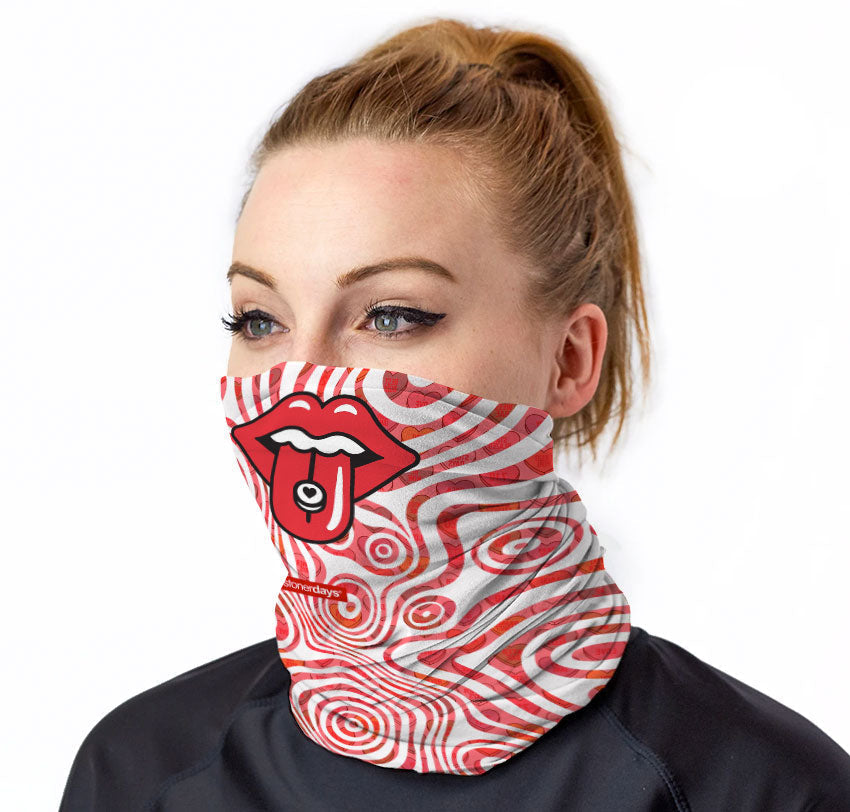 StonerDays Power Of Love Face Covering, vibrant red and white design, front view on model