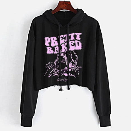 StonerDays Pretty Baked women's black crop top hoodie with pink graphic, sizes S-XL