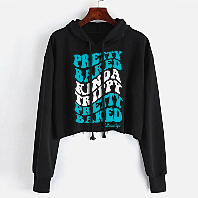 StonerDays Pretty Baked Drip Crop Top Hoodie in black with blue text, front view on hanger