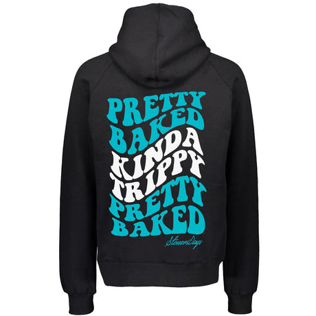 StonerDays Pretty Baked Drip Hoodie in black, rear view with bold teal lettering