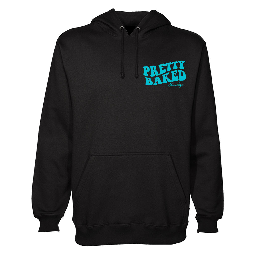 StonerDays Pretty Baked Drip Hoodie in black with teal print, front view on white background