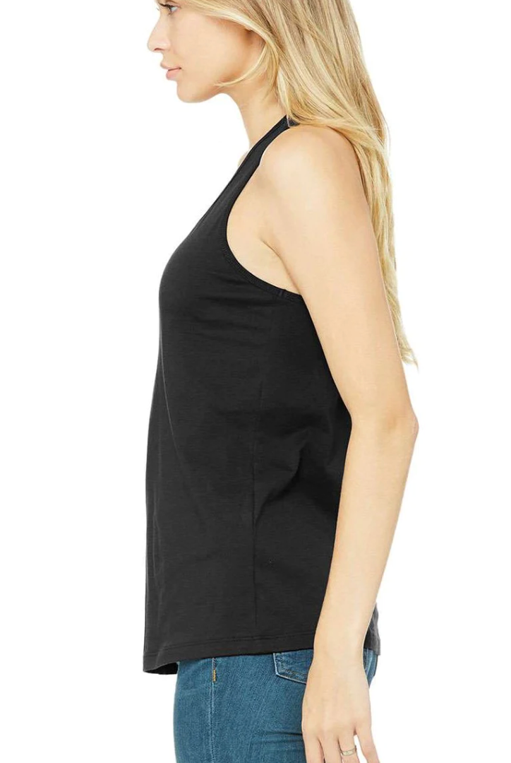 Side view of StonerDays Pretty Baked Drip Women's Racerback in black, comfortable fit