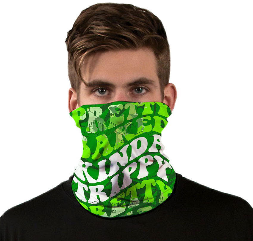 StonerDays Pretty Baked Green Gaiter worn by model, vibrant green with bold text, front view