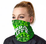 StonerDays Pretty Baked Green Gaiter on model, vibrant green with white text, front view