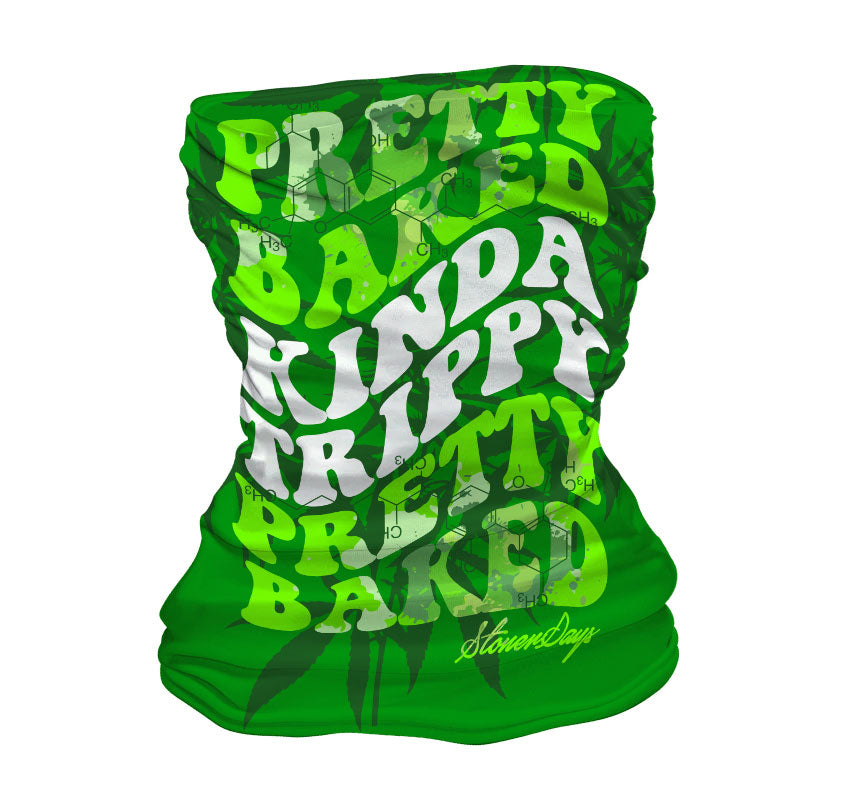 StonerDays Pretty Baked Green Gaiter, vibrant green polyester face mask with white text, front view