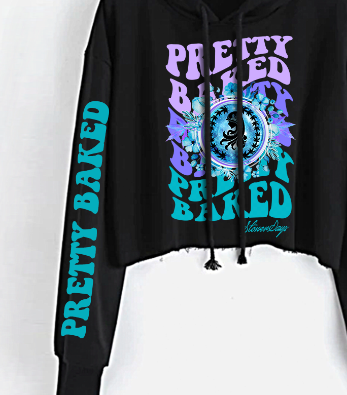 StonerDays Pretty Baked Highness Crop Top Hoodie in Purple with Graphic Design - Front View