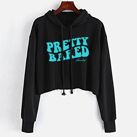 StonerDays Pretty Baked Logo Teal Crop Top Hoodie for Women, Cotton, Front View