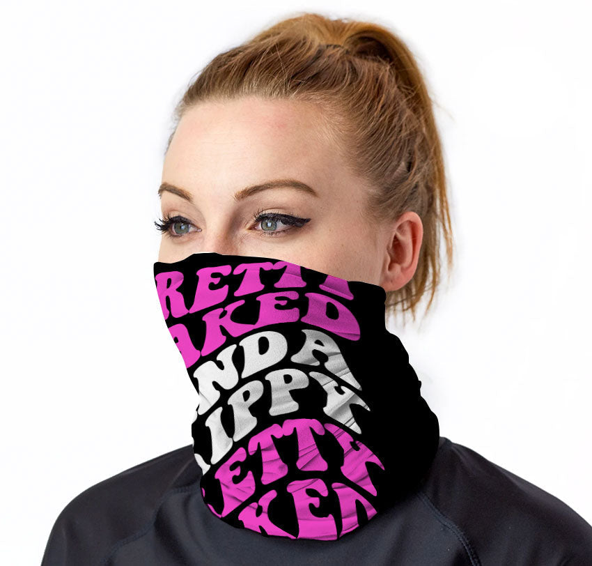 StonerDays Pretty Baked Pink Gaiter worn by model, front view, vibrant pink and black design