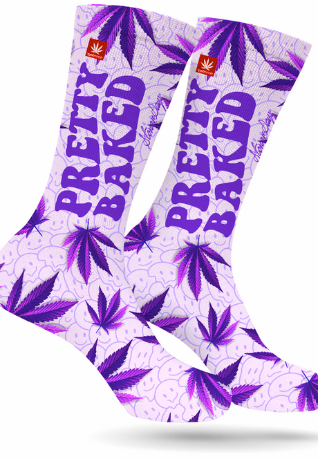 StonerDays Pretty Baked Purple Weed Socks with cannabis leaf pattern, front view on white background