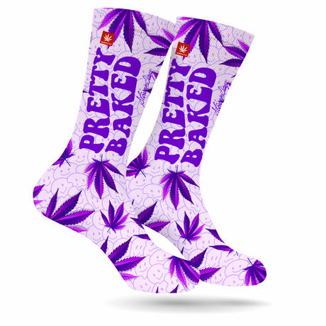 StonerDays Pretty Baked Purple Weed Socks with cannabis leaf patterns, size Medium and Large